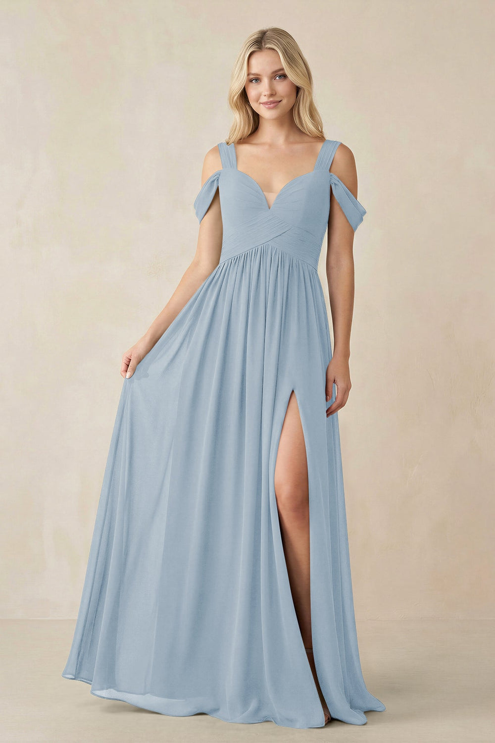 Chiffon A-Line Bridesmaid Dress with Slit  in Dusty Blue - KISS BRIDAL BRIDESMAID DRESSES