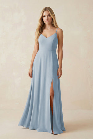 Cami Strap A-Line Chiffon Bridesmaid Dress with Slit in Dusty Blue - SHE IS ME BRIDESMAID DRESSES