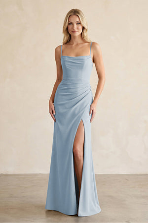 Cami Strap Chiffon Sheath Bridesmaid Dress with Slit in Dusty Blue - SHE IS ME BRIDESMAID DRESSES