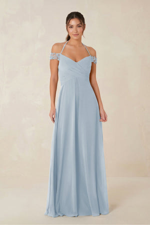 A-Line Off-the-Shoulder Chiffon Bridesmaid Dress in Dusty Blue - KISS BRIDAL BRIDESMAID DRESSES