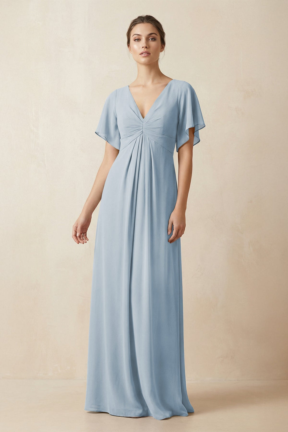 Short Sleeve V-Neck Chiffon A-Line Bridesmaid Dress in Dusty Blue - KISS BRIDAL BRIDESMAID DRESSES