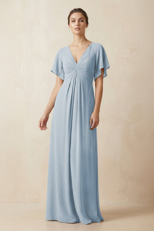 Short Sleeve V-Neck Chiffon A-Line Bridesmaid Dress in Dusty Blue - SHE IS ME BRIDESMAID DRESSES