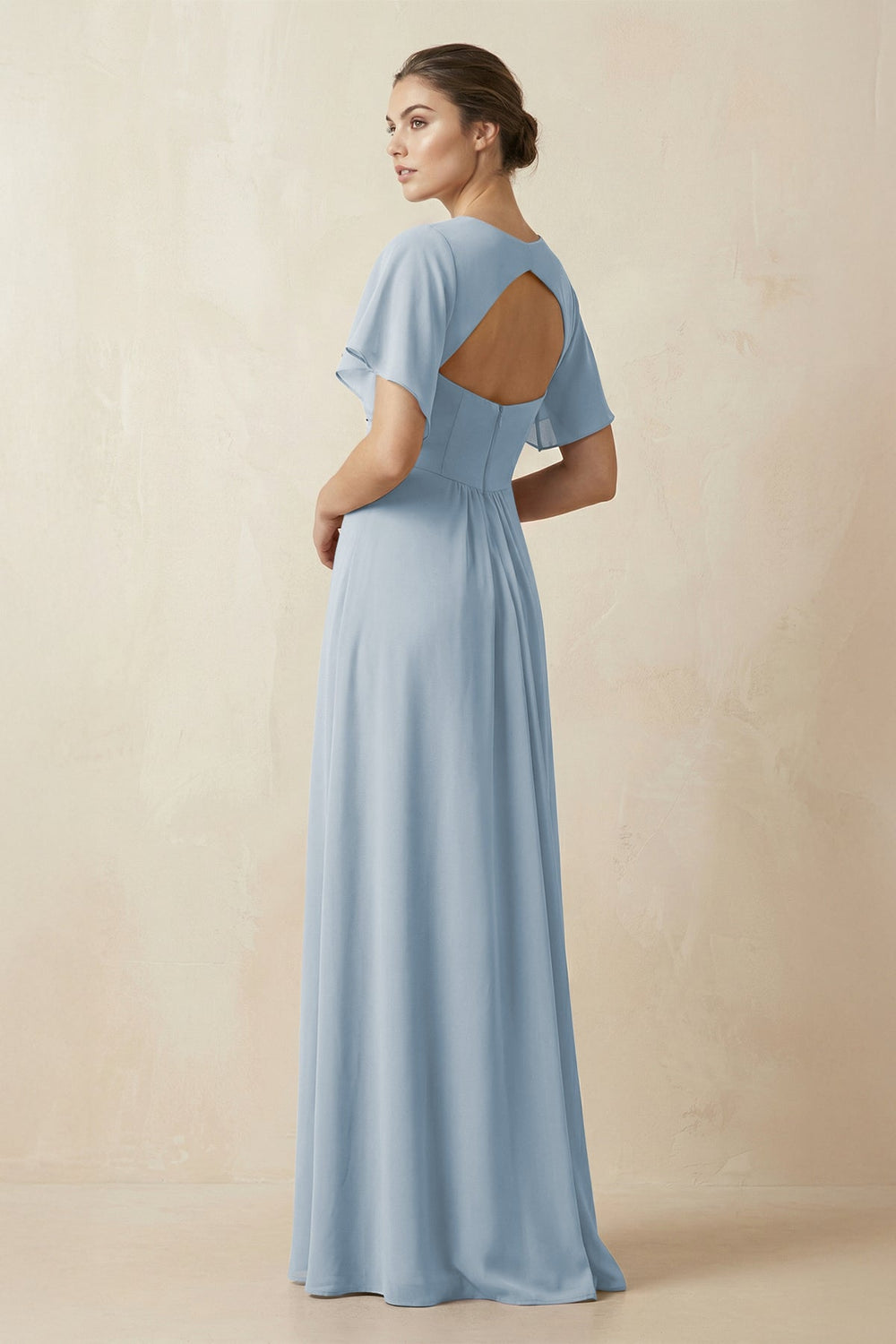 Short Sleeve V-Neck Chiffon A-Line Bridesmaid Dress in Dusty Blue - KISS BRIDAL BRIDESMAID DRESSES