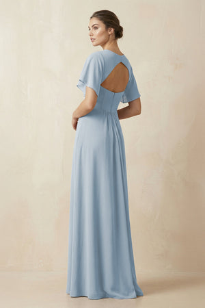Short Sleeve V-Neck Chiffon A-Line Bridesmaid Dress in Dusty Blue - SHE IS ME BRIDESMAID DRESSES