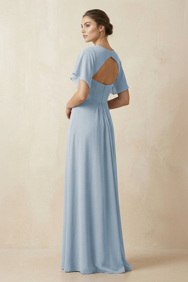Short Sleeve V-Neck Chiffon A-Line Bridesmaid Dress in Dusty Blue - SHE IS ME BRIDESMAID DRESSES