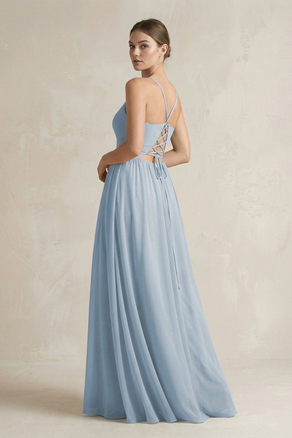 A-Line Spaghetti Strap Chiffon Bridesmaid Dress in Dusty Blue - SHE IS ME BRIDESMAID DRESSES
