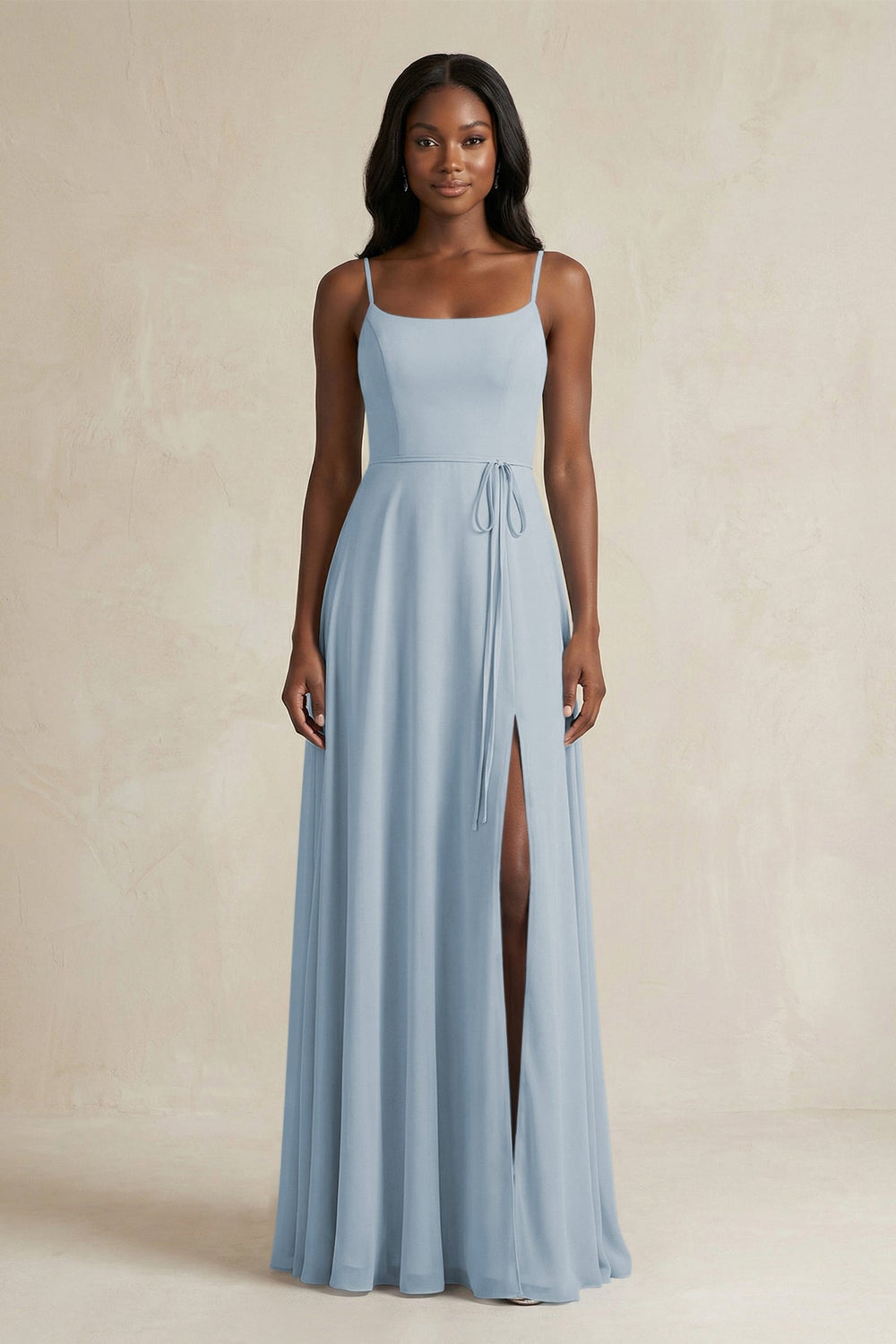 A-Line Spaghetti Straps Chiffon Bridesmaid Dress in Dusty Blue - KISS BRIDAL BRIDESMAID DRESSES