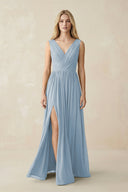 V-Neck Chiffon Pleated A-Line Bridesmaid Dress in Dusty Blue - SHE IS ME BRIDESMAID DRESSES
