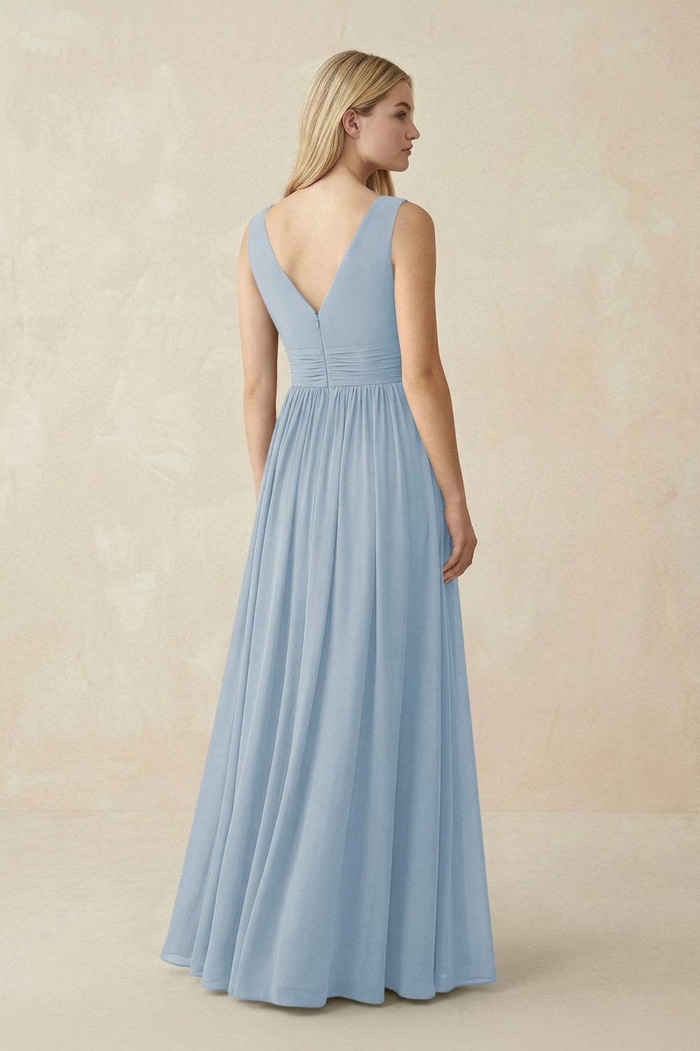 V-Neck Chiffon Pleated A-Line Bridesmaid Dress in Dusty Blue - KISS BRIDAL BRIDESMAID DRESSES