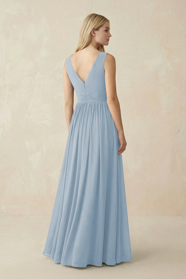V-Neck Chiffon Pleated A-Line Bridesmaid Dress in Dusty Blue - SHE IS ME BRIDESMAID DRESSES