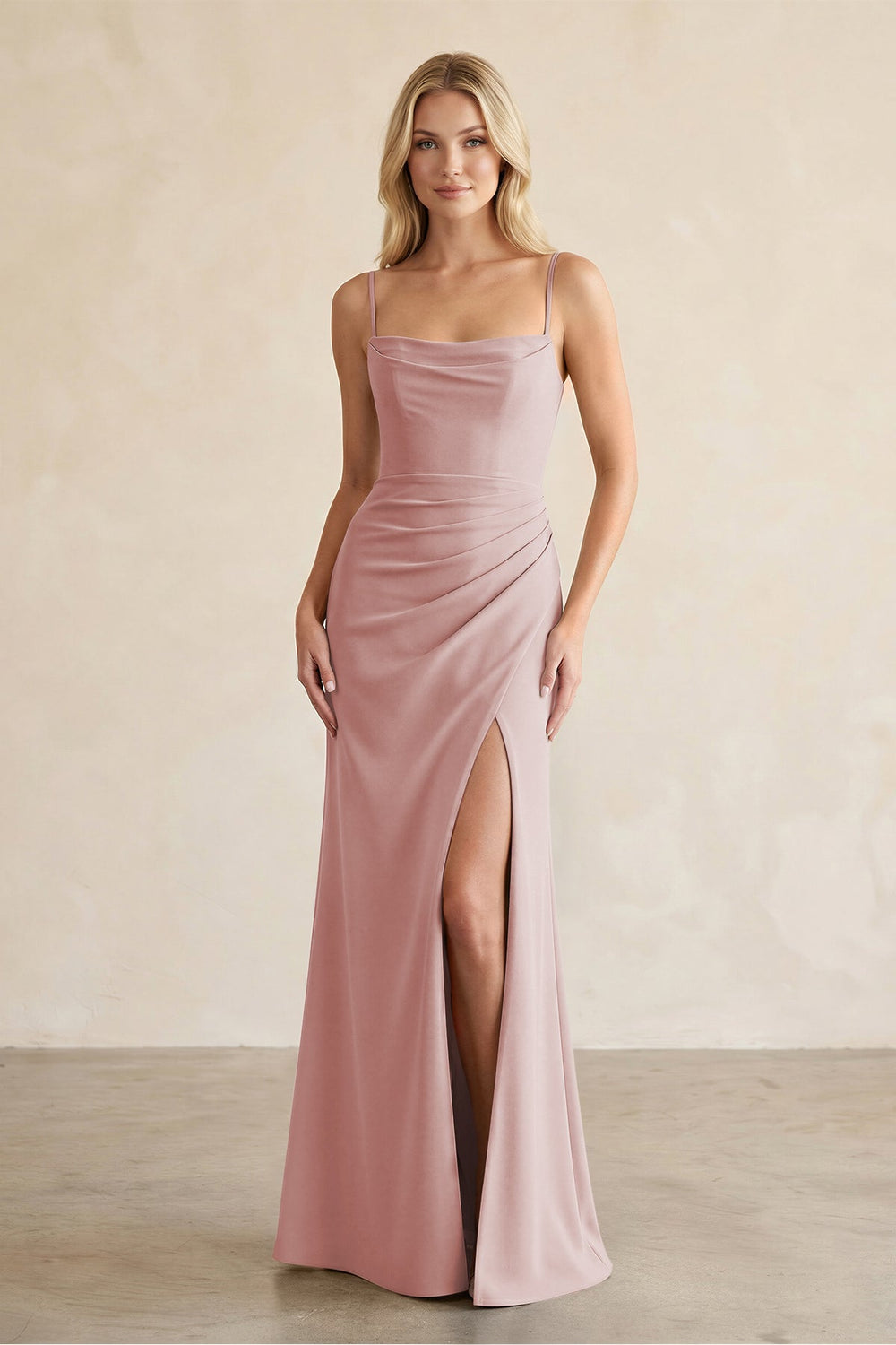 Cami Strap Chiffon Sheath Bridesmaid Dress with Slit in Dusty Rose - KISS BRIDAL BRIDESMAID DRESSES