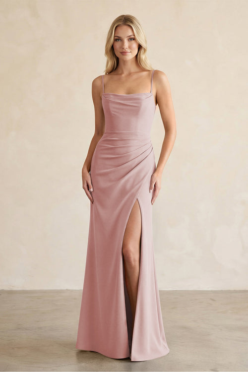 Cami Strap Chiffon Sheath Bridesmaid Dress with Slit in Dusty Rose - SHE IS ME BRIDESMAID DRESSES