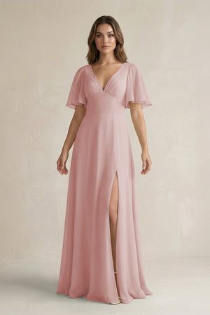 Flutter Sleeve V-Neck A-Line Chiffon Bridesmaid Dress in Dusty Rose