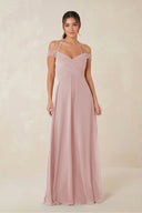 A-Line Off-the-Shoulder Chiffon Bridesmaid Dress in Dusty Rose - KISS BRIDAL BRIDESMAID DRESSES