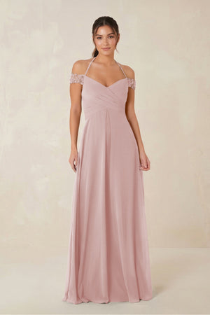 A-Line Off-the-Shoulder Chiffon Bridesmaid Dress in Dusty Rose - KISS BRIDAL BRIDESMAID DRESSES