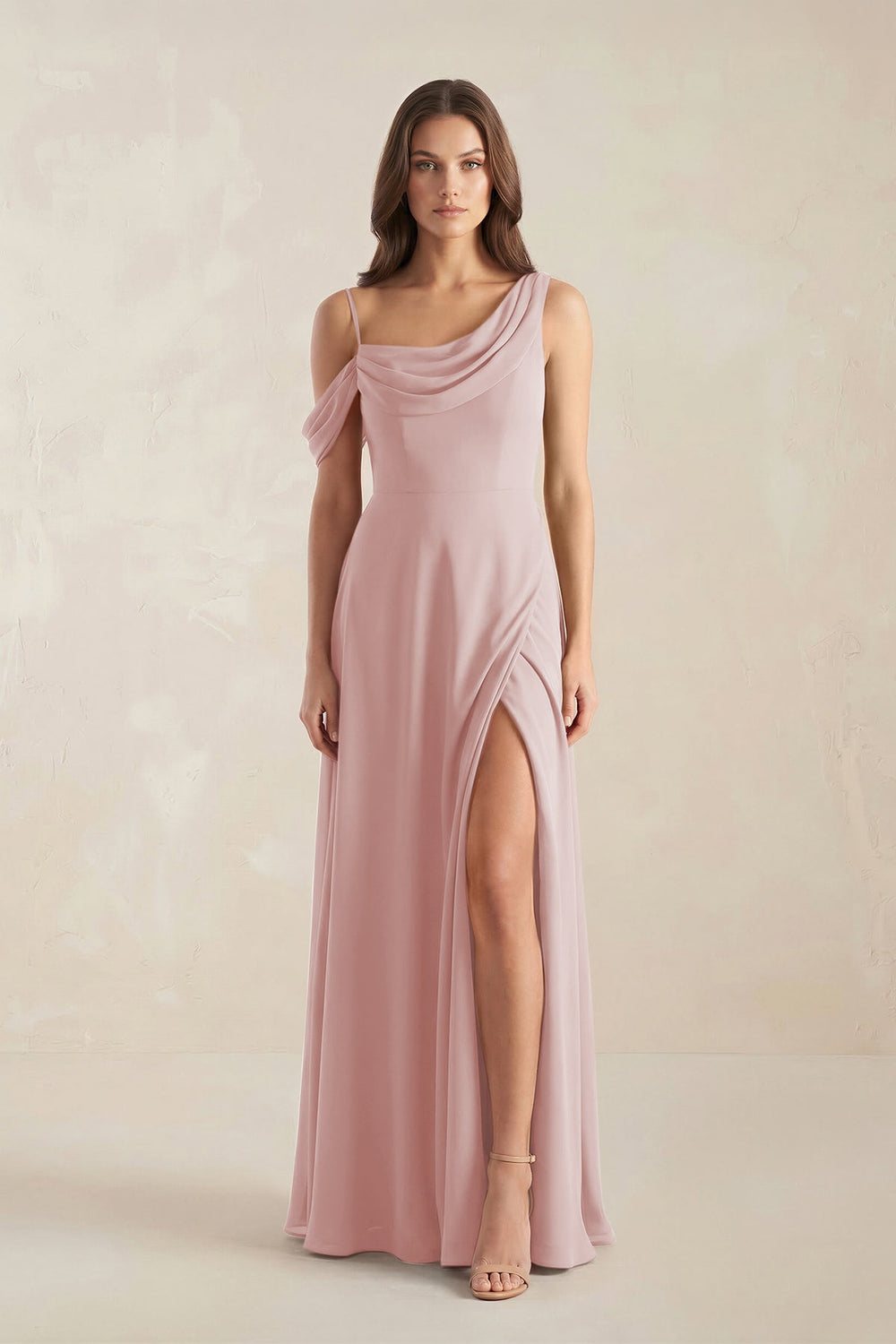 One-Shoulder Chiffon A-Line Bridesmaid Dress in Dusty Rose - KISS BRIDAL BRIDESMAID DRESSES