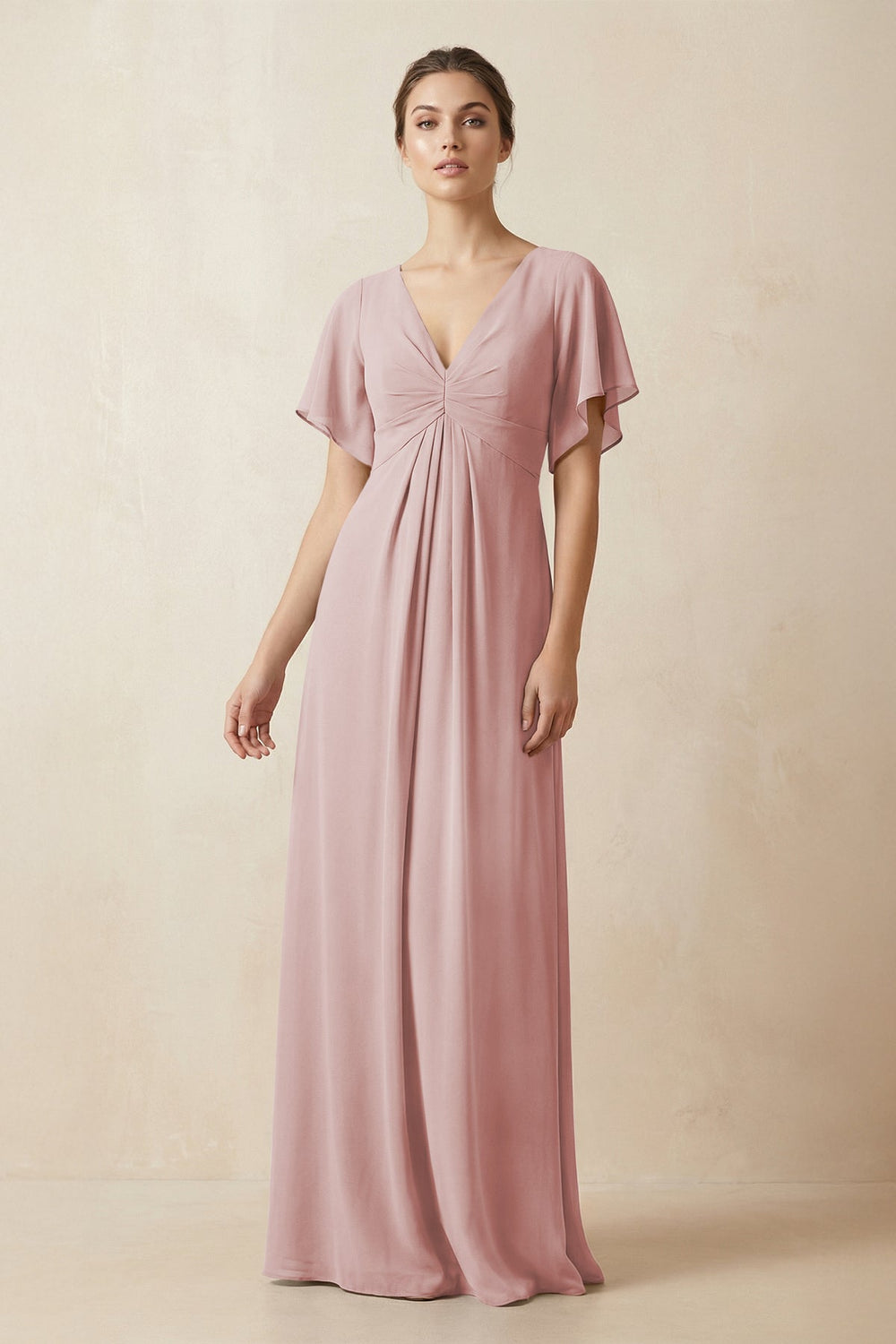 Short Sleeve V-Neck Chiffon A-Line Bridesmaid Dress in Dusty Rose - KISS BRIDAL BRIDESMAID DRESSES