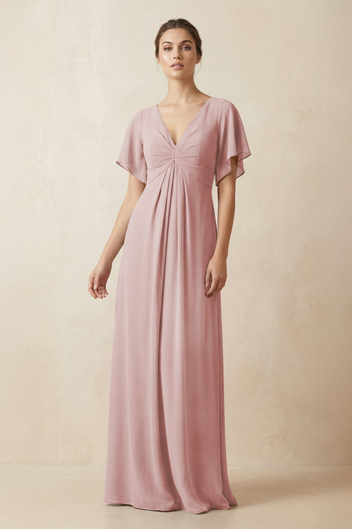 Short Sleeve V-Neck Chiffon A-Line Bridesmaid Dress in Dusty Rose - SHE IS ME BRIDESMAID DRESSES