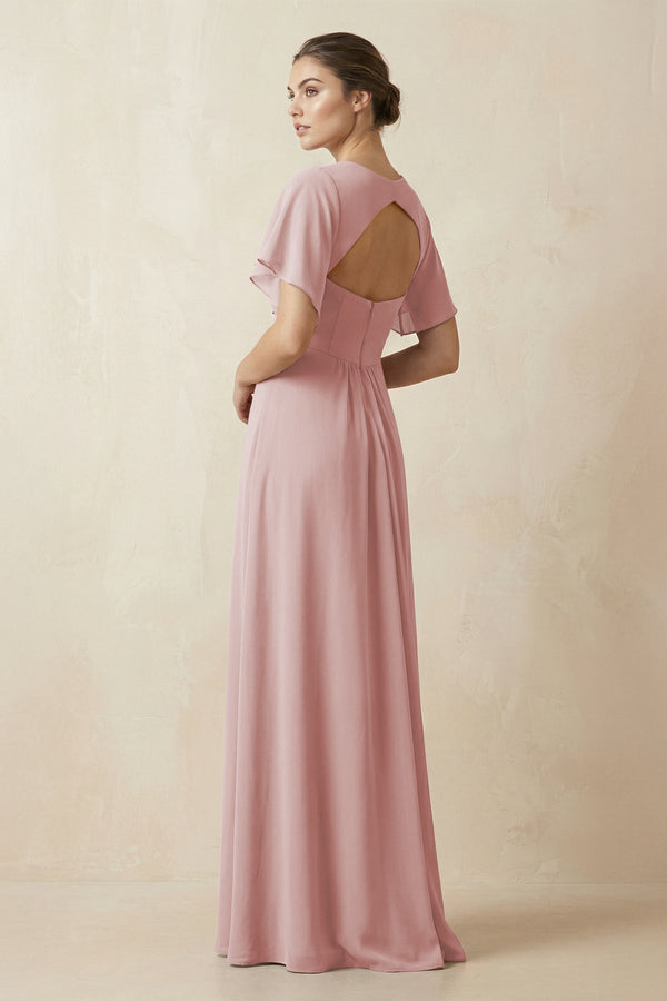 Short Sleeve V-Neck Chiffon A-Line Bridesmaid Dress in Dusty Rose - SHE IS ME BRIDESMAID DRESSES