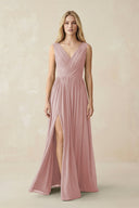 V-Neck Chiffon Pleated A-Line Bridesmaid Dress in Dusty Rose - SHE IS ME BRIDESMAID DRESSES