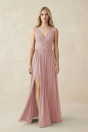 V-Neck Chiffon Pleated A-Line Bridesmaid Dress in Dusty Rose - SHE IS ME BRIDESMAID DRESSES