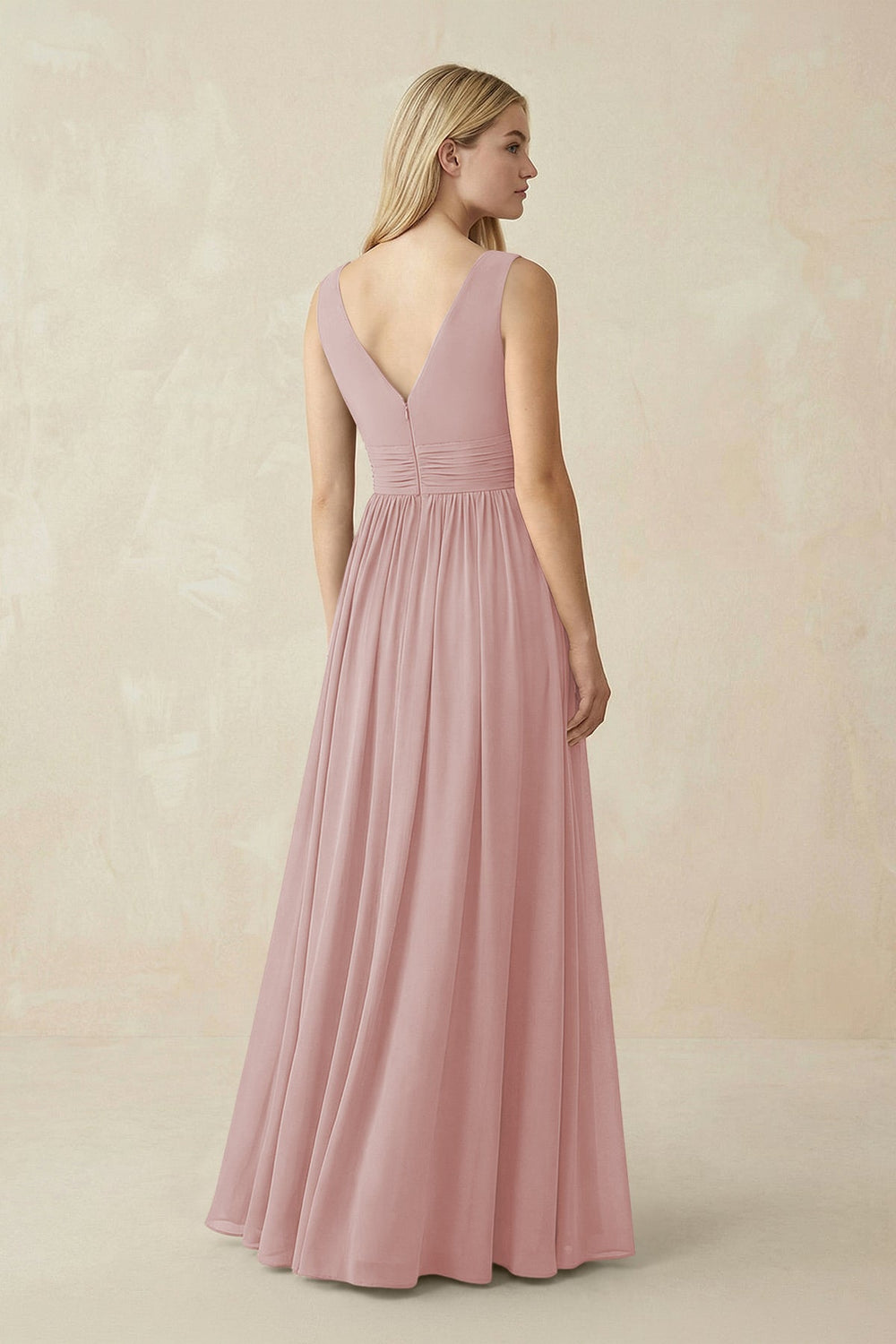 V-Neck Chiffon Pleated A-Line Bridesmaid Dress in Dusty Rose - KISS BRIDAL BRIDESMAID DRESSES