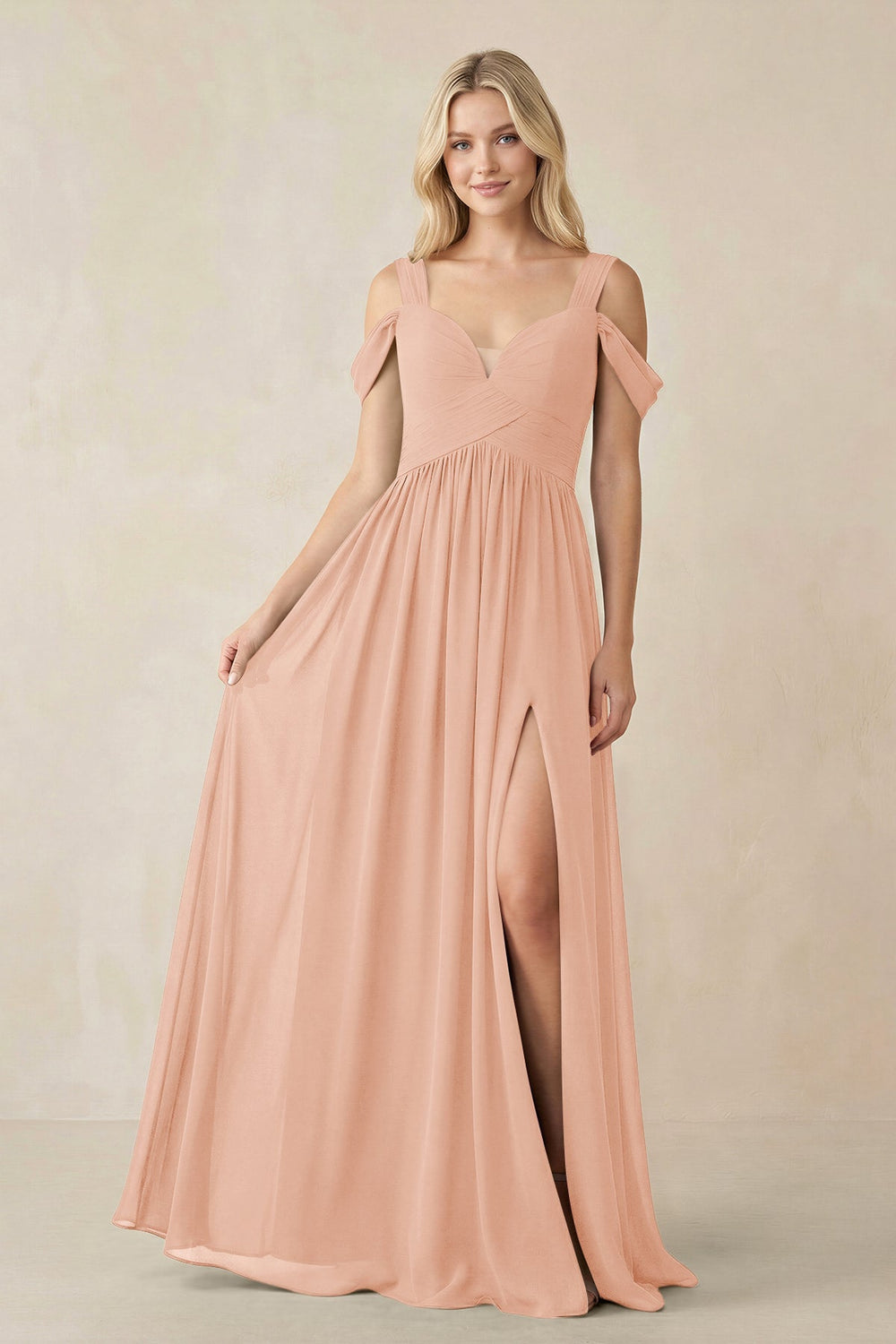 Chiffon A-Line Bridesmaid Dress with Slit  in English Rose - KISS BRIDAL BRIDESMAID DRESSES