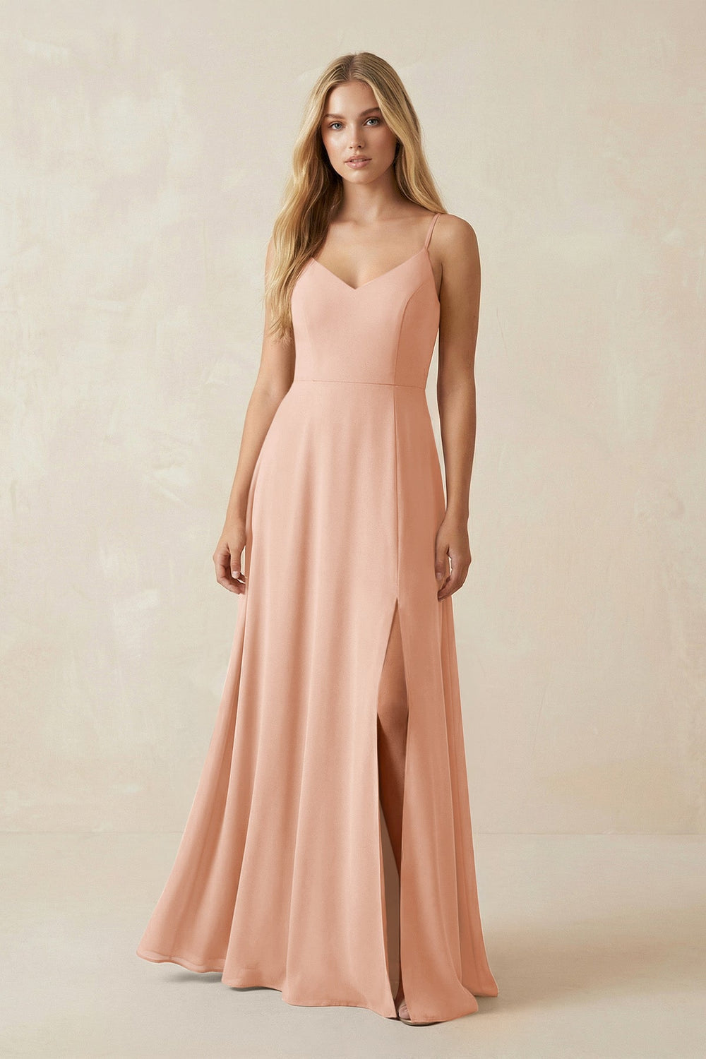 Cami Strap A-Line Chiffon Bridesmaid Dress with Slit in English Rose - KISS BRIDAL BRIDESMAID DRESSES