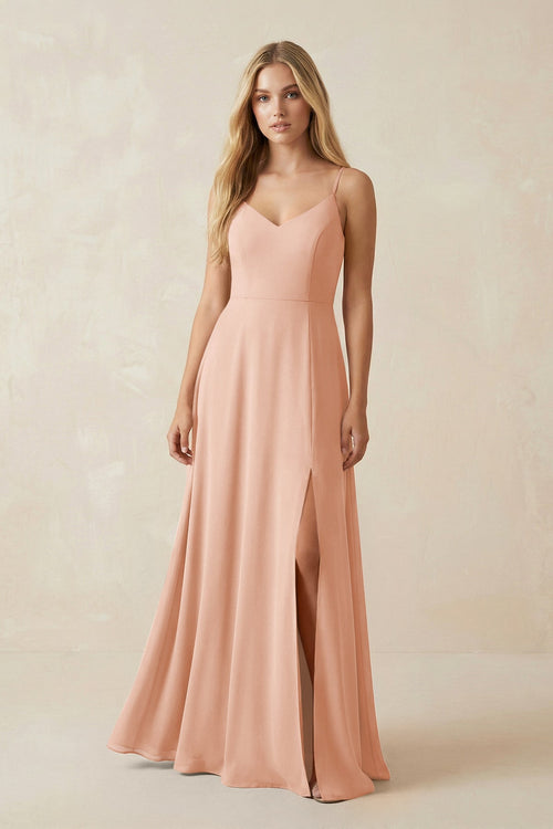 Cami Strap A-Line Chiffon Bridesmaid Dress with Slit in English Rose - SHE IS ME BRIDESMAID DRESSES