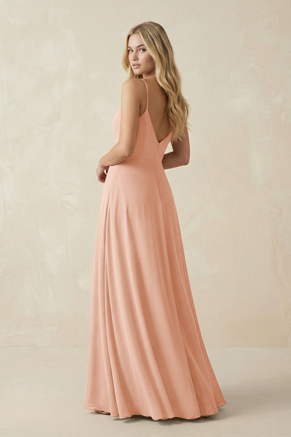 Cami Strap A-Line Chiffon Bridesmaid Dress with Slit in English Rose - SHE IS ME BRIDESMAID DRESSES