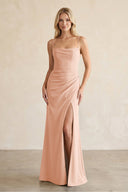 Cami Strap Chiffon Sheath Bridesmaid Dress with Slit in English Rose - SHE IS ME BRIDESMAID DRESSES