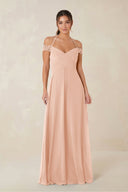 A-Line Off-the-Shoulder Chiffon Bridesmaid Dress in English Rose - KISS BRIDAL BRIDESMAID DRESSES