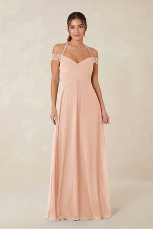 A-Line Off-the-Shoulder Chiffon Bridesmaid Dress in English Rose - KISS BRIDAL BRIDESMAID DRESSES