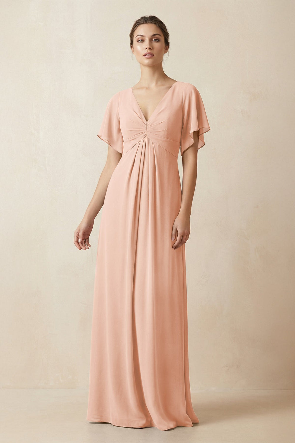 Short Sleeve V-Neck Chiffon A-Line Bridesmaid Dress in English Rose - KISS BRIDAL BRIDESMAID DRESSES