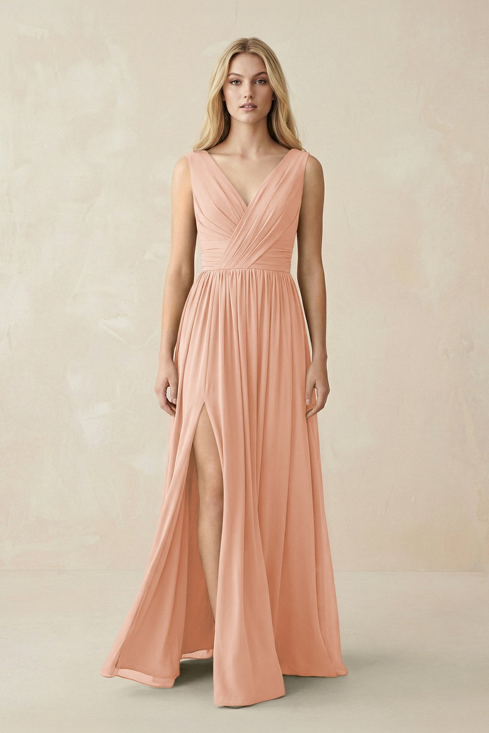 V-Neck Chiffon Pleated A-Line Bridesmaid Dress in English Rose - KISS BRIDAL BRIDESMAID DRESSES
