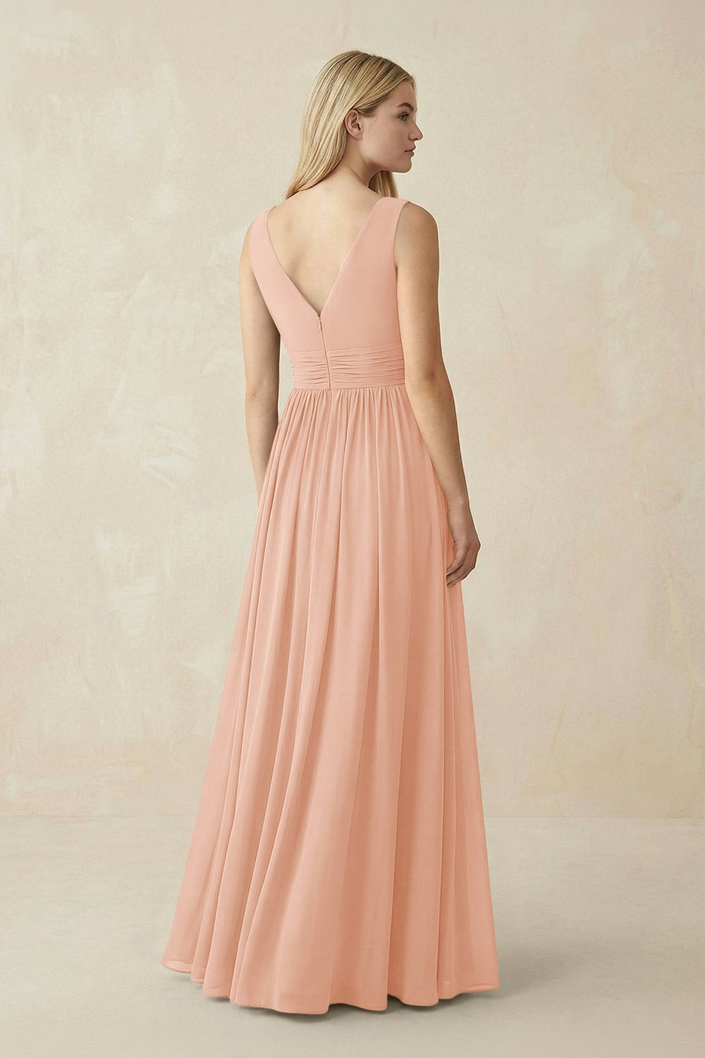 V-Neck Chiffon Pleated A-Line Bridesmaid Dress in English Rose - KISS BRIDAL BRIDESMAID DRESSES