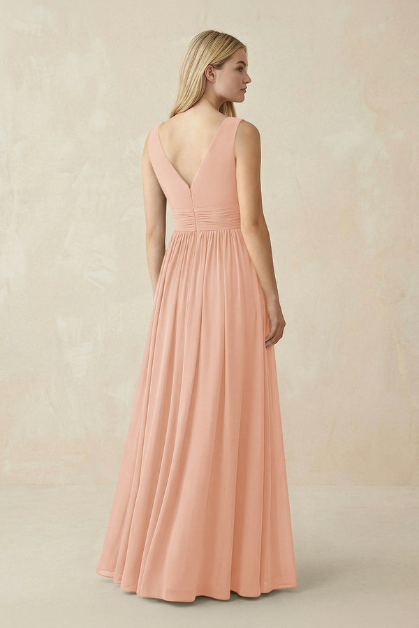 V-Neck Chiffon Pleated A-Line Bridesmaid Dress in English Rose - SHE IS ME BRIDESMAID DRESSES