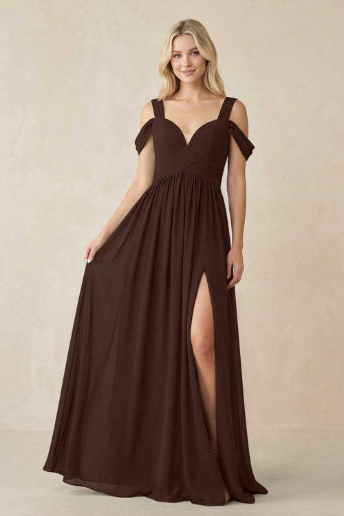 Chiffon A-Line Bridesmaid Dress with Slit  in Espresso - SHE IS ME BRIDESMAID DRESSES