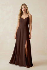 Cami Strap A-Line Chiffon Bridesmaid Dress with Slit in Espresso - KISS BRIDAL BRIDESMAID DRESSES
