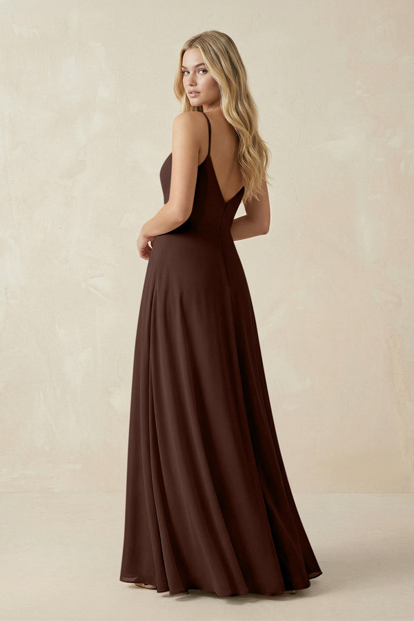 Cami Strap A-Line Chiffon Bridesmaid Dress with Slit in Espresso - SHE IS ME BRIDESMAID DRESSES