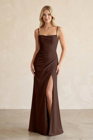 Cami Strap Chiffon Sheath Bridesmaid Dress with Slit in Espresso - SHE IS ME BRIDESMAID DRESSES