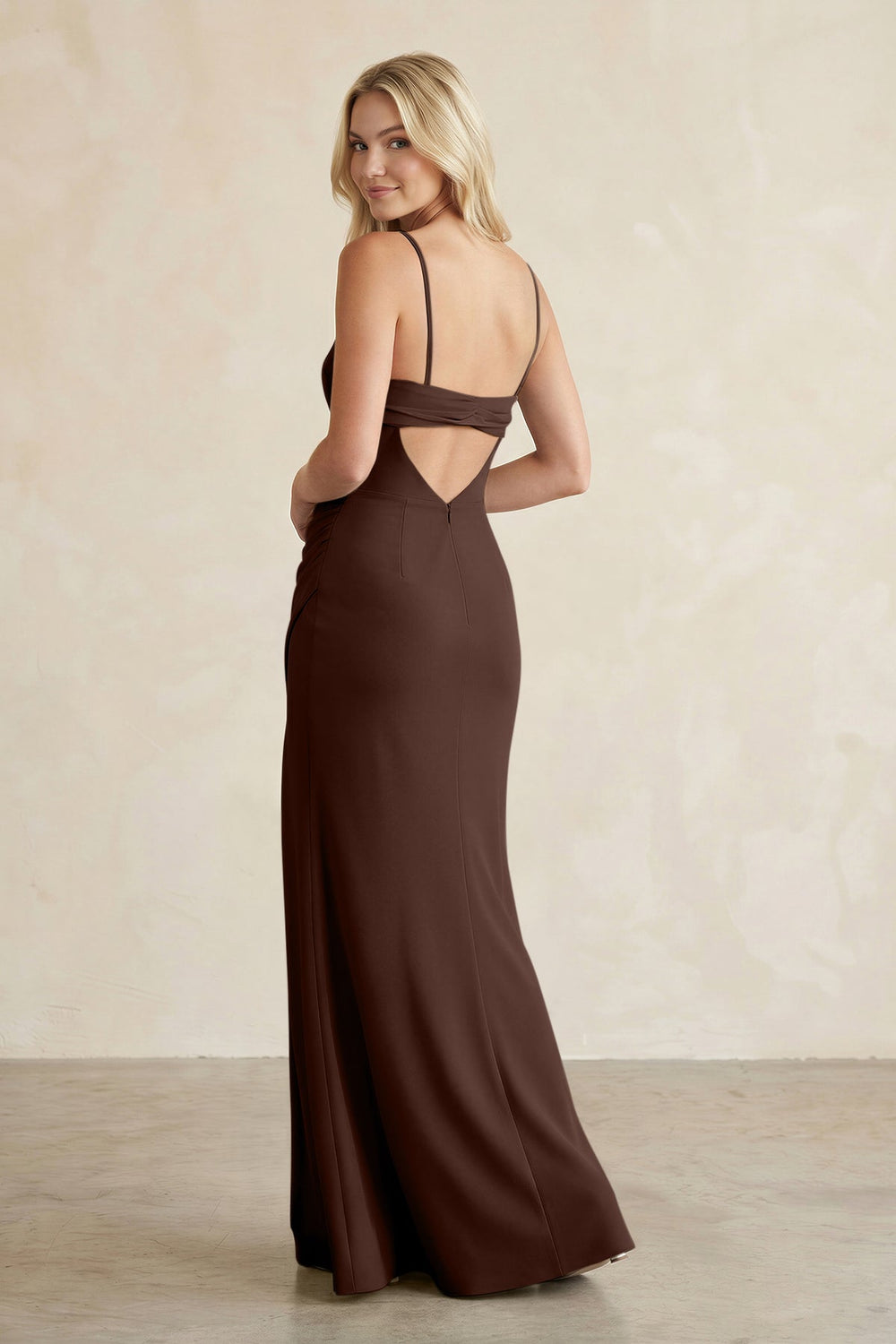 Cami Strap Chiffon Sheath Bridesmaid Dress with Slit in Espresso - KISS BRIDAL BRIDESMAID DRESSES