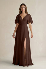 Flutter Sleeve V-Neck A-Line Chiffon Bridesmaid Dress in Espresso