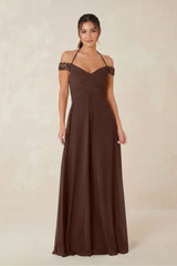A-Line Off-the-Shoulder Chiffon Bridesmaid Dress in Espresso - KISS BRIDAL BRIDESMAID DRESSES