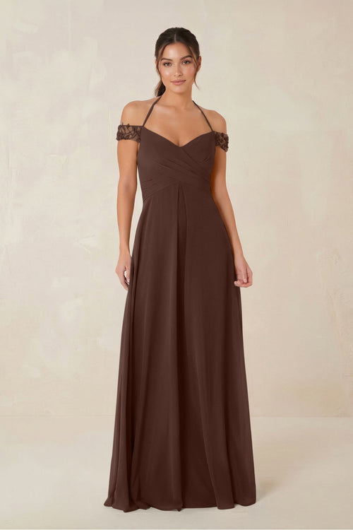 A-Line Off-the-Shoulder Chiffon Bridesmaid Dress in Espresso - KISS BRIDAL BRIDESMAID DRESSES