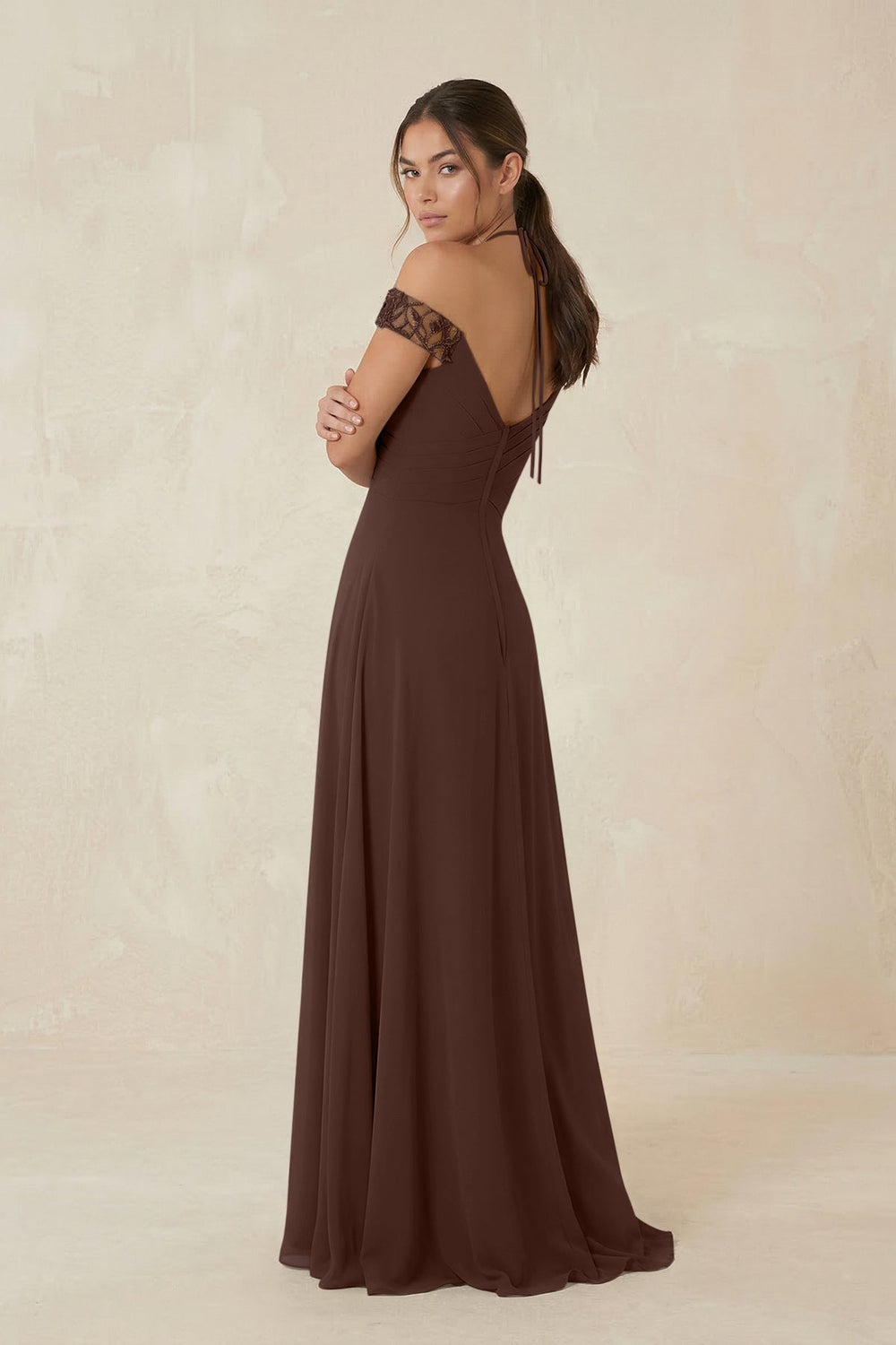 A-Line Off-the-Shoulder Chiffon Bridesmaid Dress in Espresso - KISS BRIDAL BRIDESMAID DRESSES