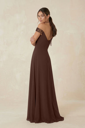 A-Line Off-the-Shoulder Chiffon Bridesmaid Dress in Espresso - KISS BRIDAL BRIDESMAID DRESSES