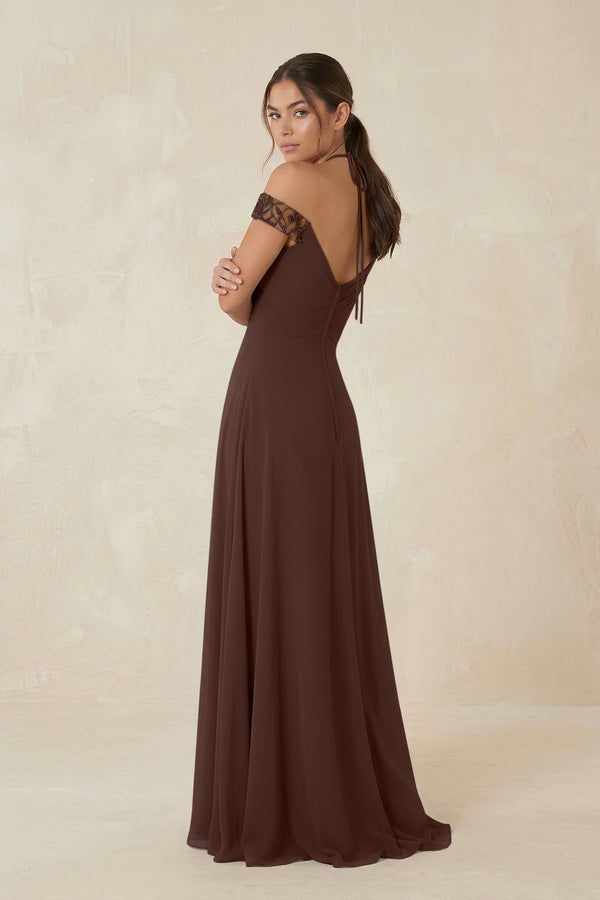 A-Line Off-the-Shoulder Chiffon Bridesmaid Dress in Espresso - KISS BRIDAL BRIDESMAID DRESSES