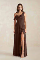 One-Shoulder Chiffon A-Line Bridesmaid Dress in Espresso - SHE IS ME BRIDESMAID DRESSES