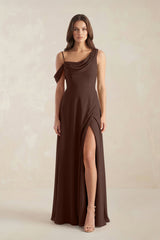 One-Shoulder Chiffon A-Line Bridesmaid Dress in Espresso - KISS BRIDAL BRIDESMAID DRESSES